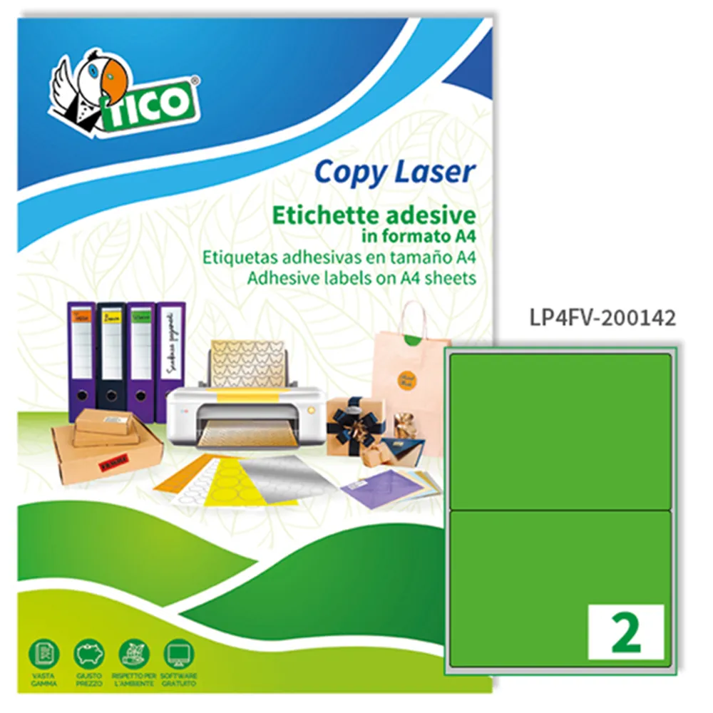 Etichette Adesive Copy Laser Premium Tico con Angoli Arrotondati - A4 - 200x142 mm - LP4FV-200142 (Verde Fluo Conf. 70