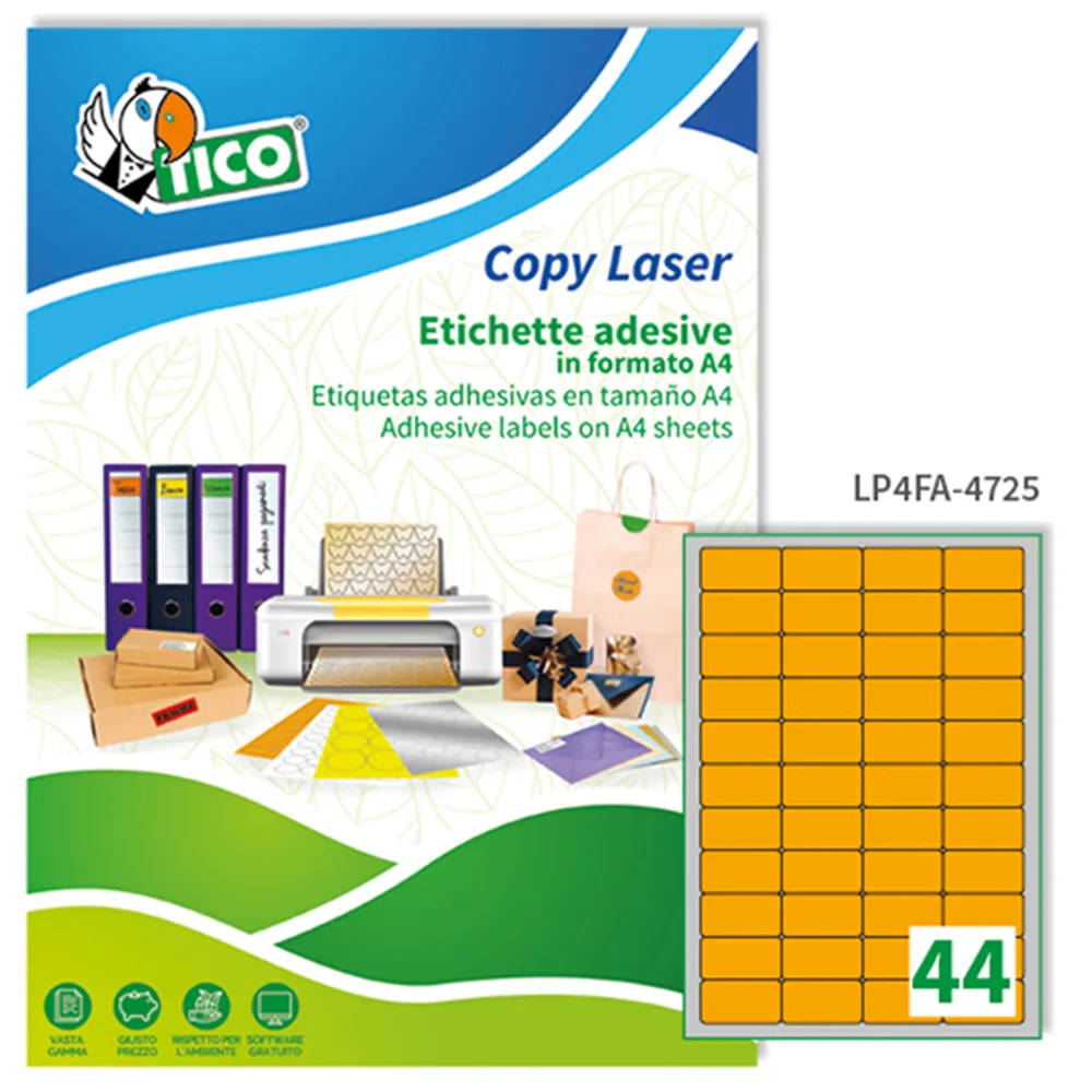 Etichette Adesive Copy Laser Premium Tico con Angoli Arrotondati - A4 - 47,5x25,5 mm - LP4FA-4725 (Arancione Fluo Conf. 70)