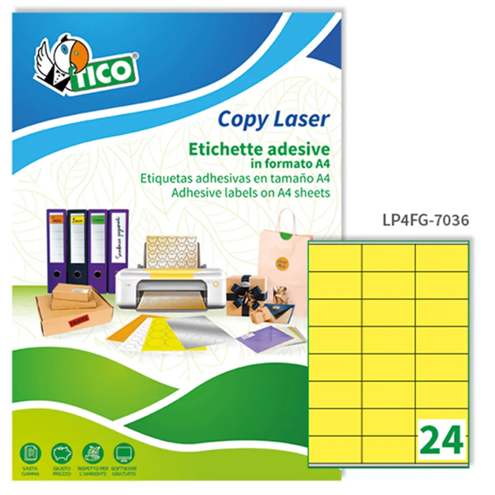 Etichette Adesive Copy Laser Premium Tico con Margini - A4 - 70x36 mm - LP4FG-7036 (Giallo Fluo Conf. 70)
