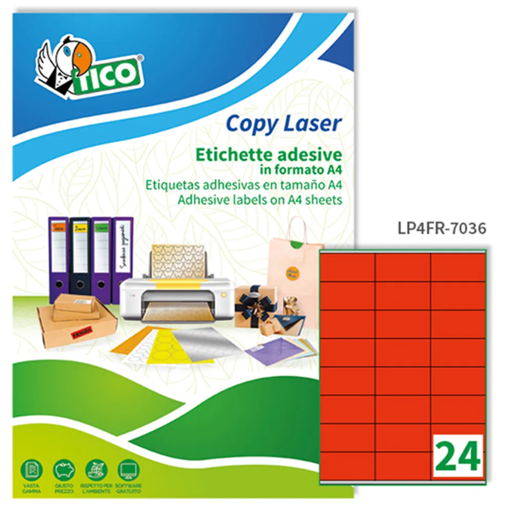Etichette Adesive Copy Laser Premium Tico con Margini - A4 - 70x36 mm - LP4FR-7036 (Rosso Fluo Conf. 70)