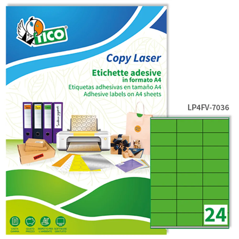 Etichette Adesive Copy Laser Premium Tico con Margini - A4 - 70x36 mm - LP4FV-7036 (Verde Fluo Conf. 70)