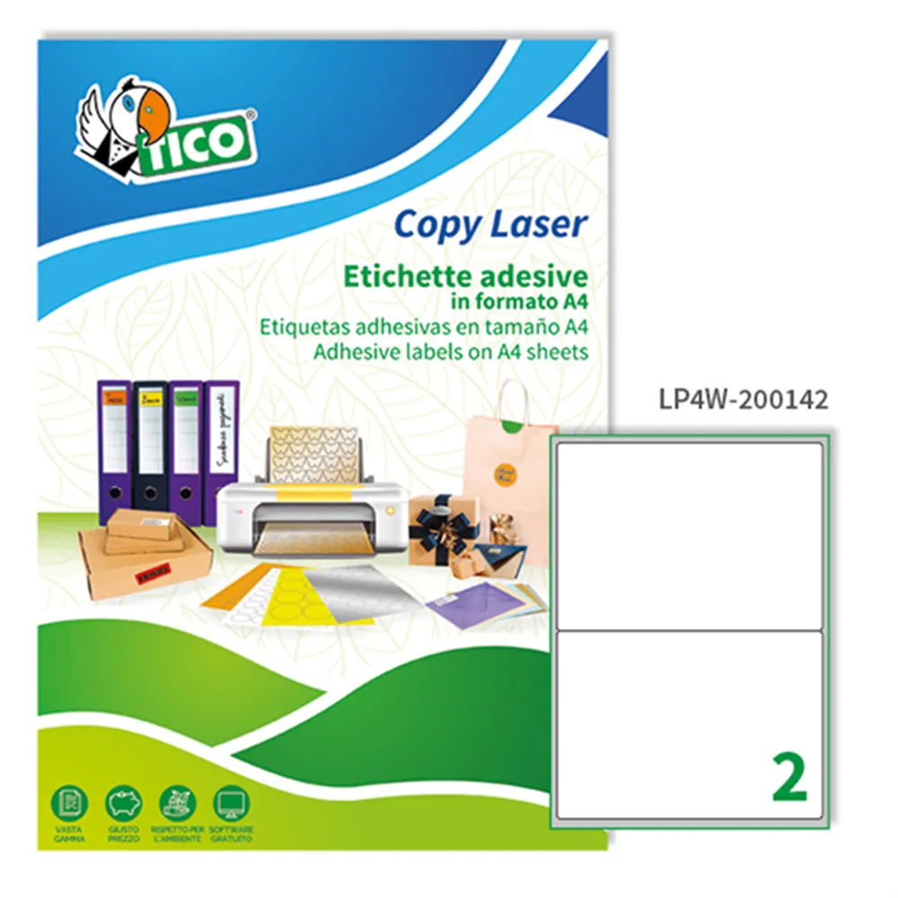 Etichette Adesive Copy Laser Premium Tico con Angoli Arrotondati - A4 - 200x142 mm - LP4W-200142 (Bianco Conf. 100)