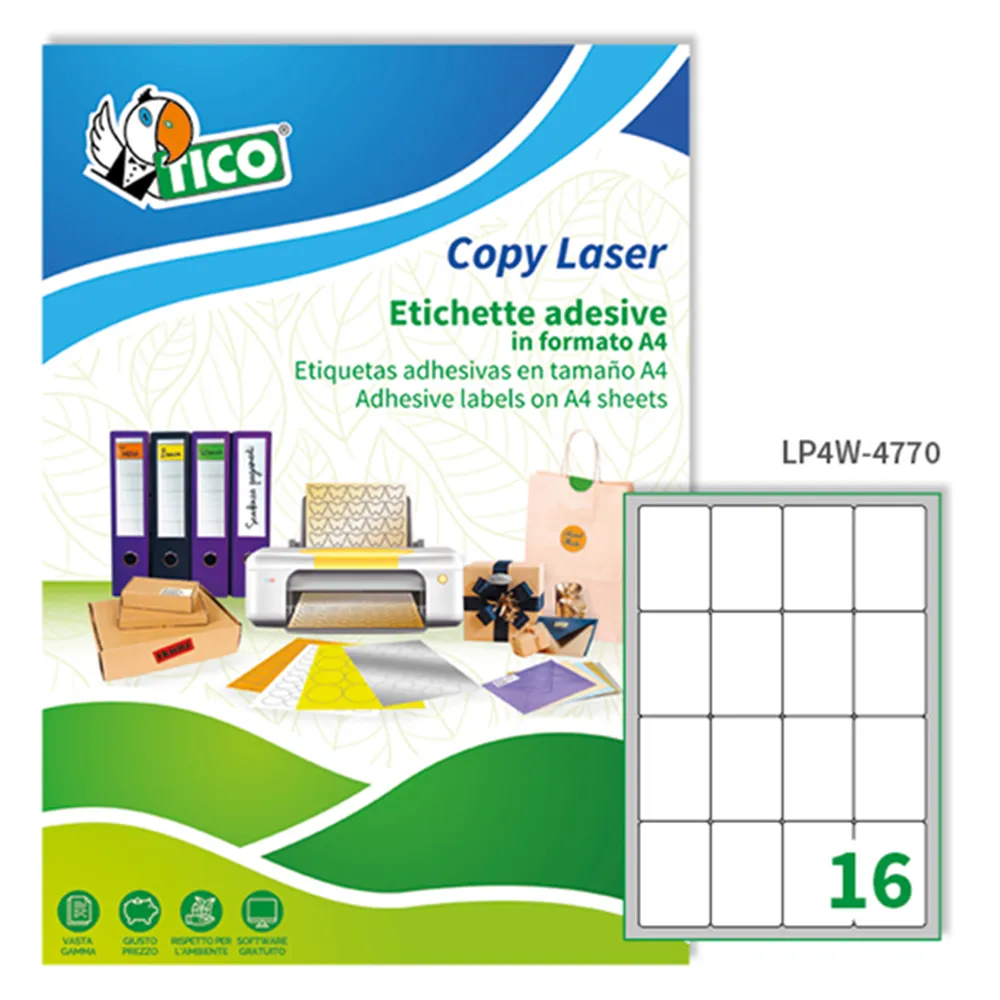 Etichette Adesive Copy Laser Premium Tico con Angoli Arrotondati - A4 - 47,7x70 mm - LP4W-4770 (Bianco Conf. 100)