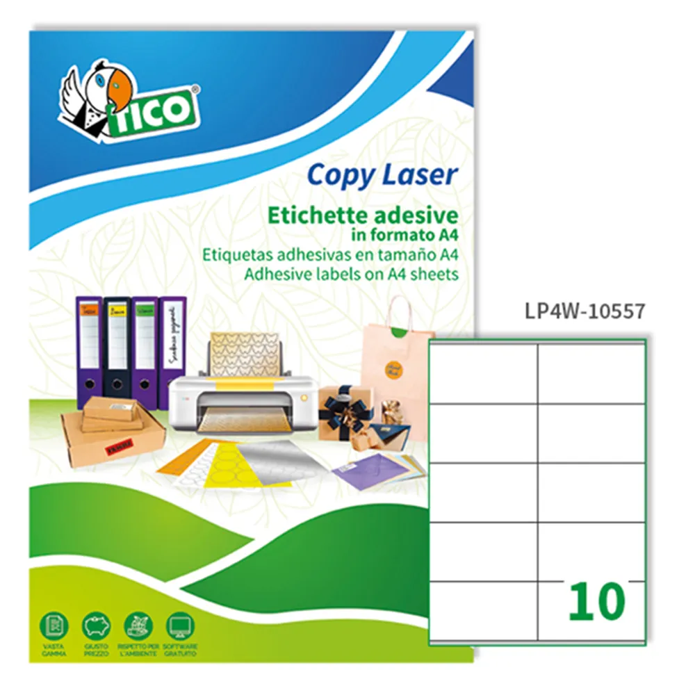 Etichette Adesive Copy Laser Premium Tico con Margini - Laser Inkjet - 105x57 mm - LP4W-10557 (Bianco Conf. 100)