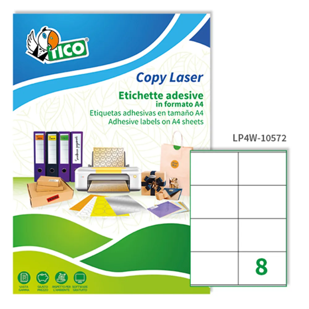 Etichette Adesive Copy Laser Premium Tico con Margini - Laser Inkjet - 105x72 mm - LP4W-10572 (Bianco Conf. 100)