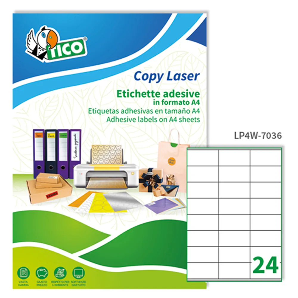 Etichette Adesive Copy Laser Premium Tico con Margini - Laser Inkjet - 70x36 mm - LP4W-7036 (Bianco Conf. 100)