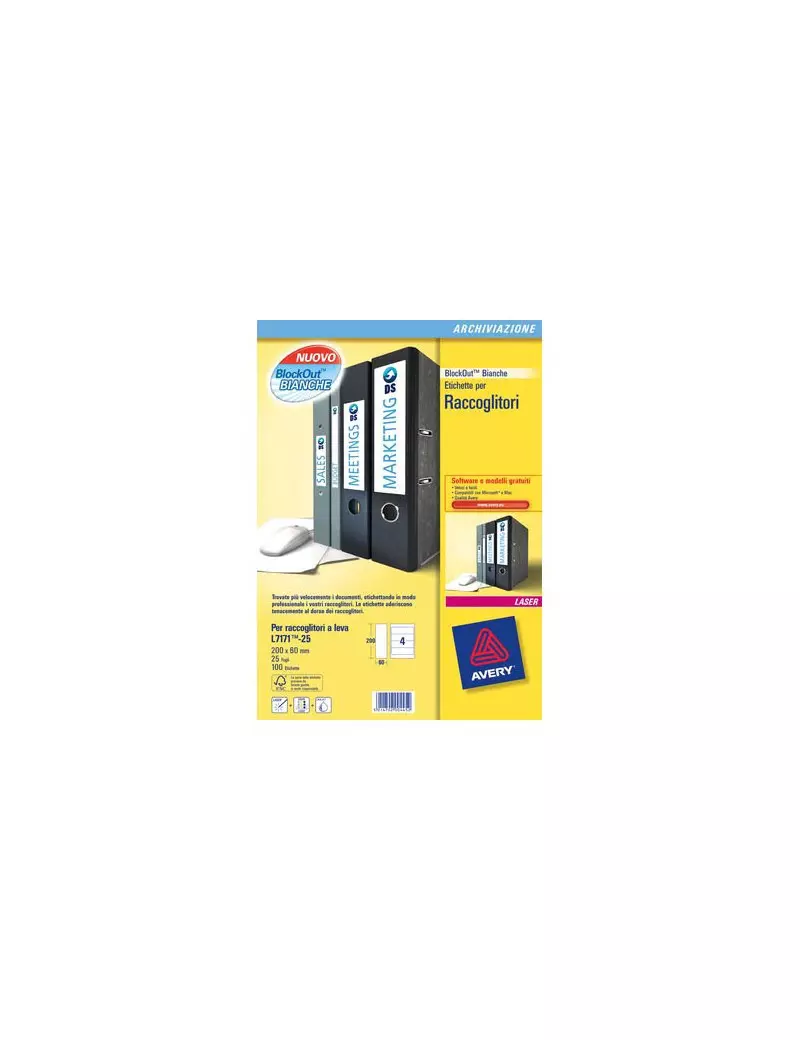 Etichette Adesive per Raccoglitori Avery - Laser - 200x60 mm - L7171-25 (Bianco Conf. 25) Etichette Adesive per Raccoglitori Avery - Laser - 200x60 mm - L7171-25 (Bianco Conf. 25)