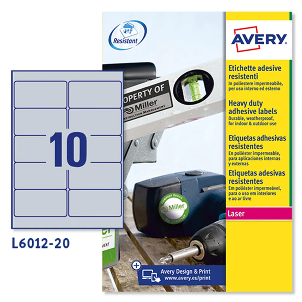 Etichette Adesive in Poliestere Avery - 96x50,8 mm - L6012-20 (Argento Conf. 20)