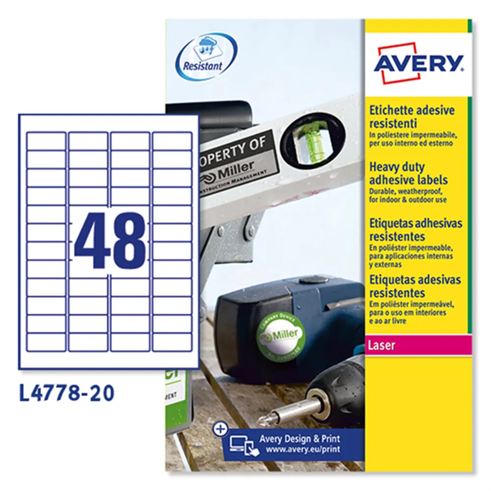 Etichette Adesive in Poliestere Avery - 45,7x21,2 mm - L4778-20 (Bianco Conf. 20)