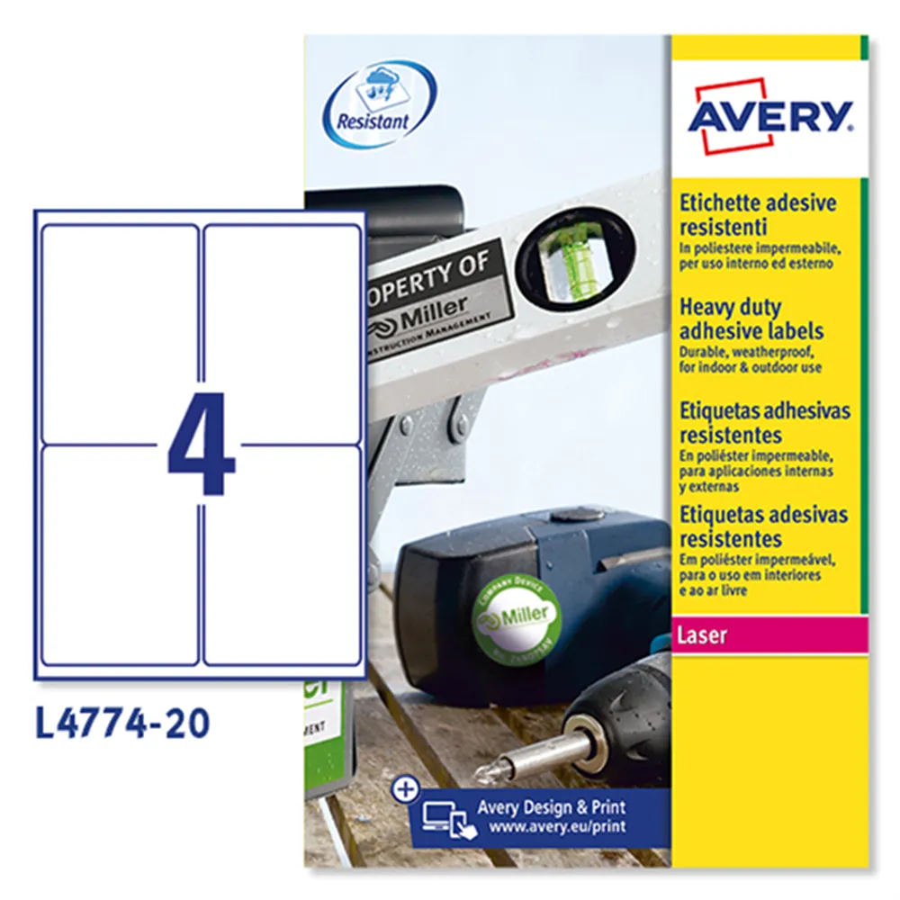 Etichette Adesive in Poliestere Avery - 99,1x139 mm - L4774-20 (Bianco Conf. 20)