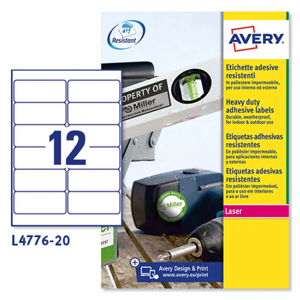 Etichette Adesive in Poliestere Avery - 99,1x42,3 mm - L4776-20 (Bianco Conf. 20)