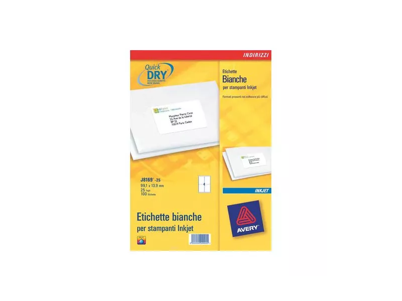 Etichette Adesive QuickDry Avery - A4 - 99,1x33,9 mm - J8162-25 (Bianco Conf. 25) Etichette Adesive QuickDry Avery - A4 - 99,1x33,9 mm - J8162-25 (Bianco Conf. 25)