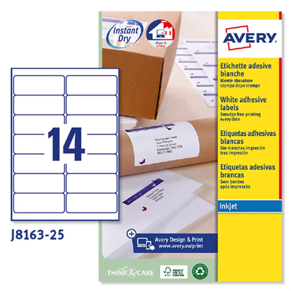 Etichette Adesive QuickDry Avery - A4 - 99,1x38,1 mm - J8163-25 (Bianco Conf. 25)