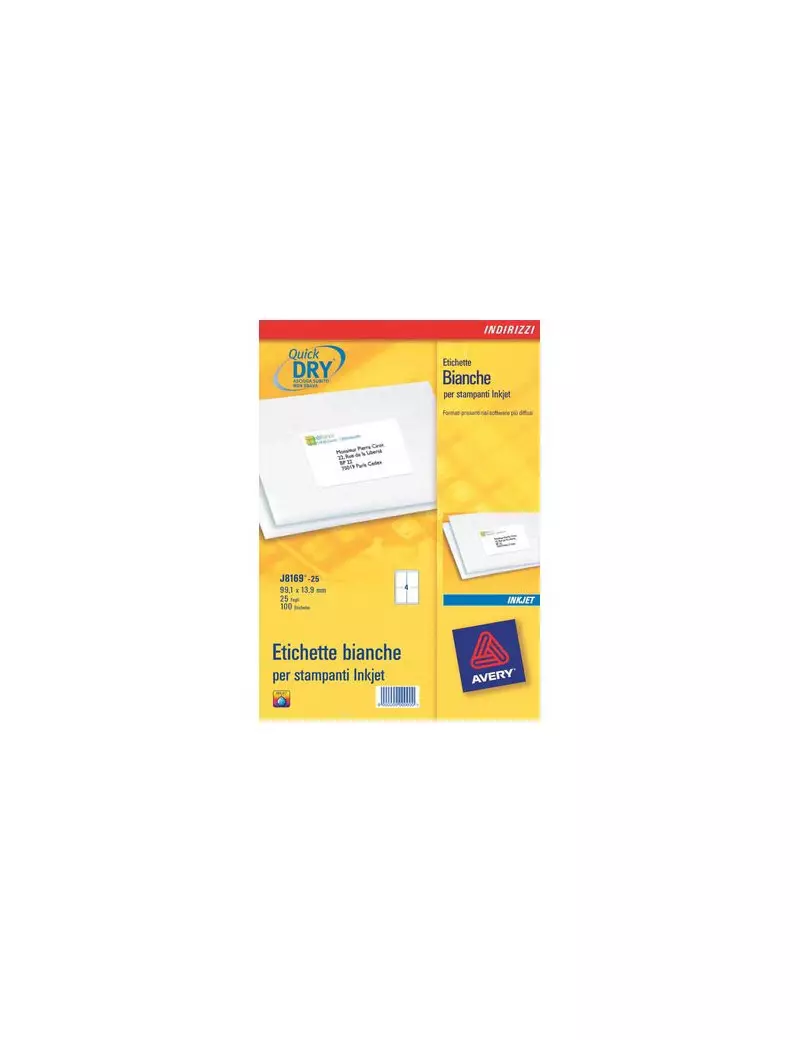 Etichette Adesive QuickDry Avery - A4 - 99,1x38,1 mm - J8163-25 (Bianco Conf. 25) Etichette Adesive QuickDry Avery - A4 - 99,1x38,1 mm - J8163-25 (Bianco Conf. 25)