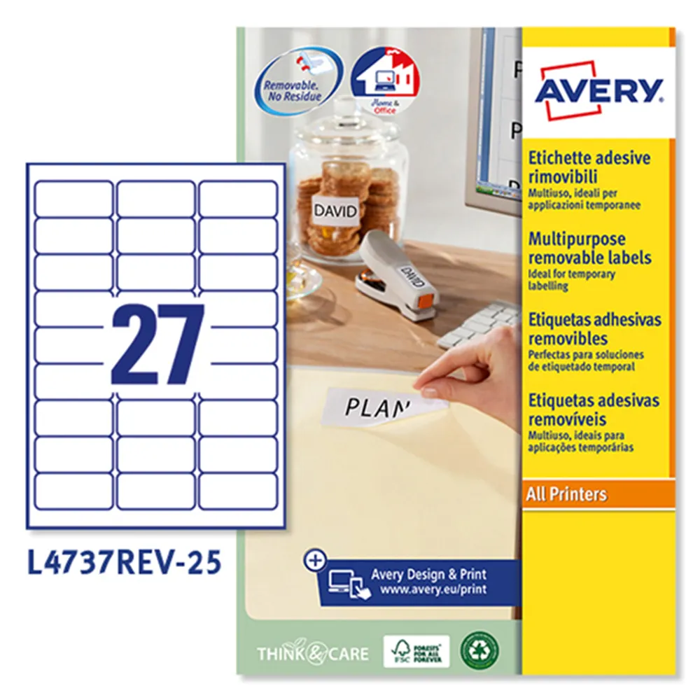 Etichette Adesive Rimovibili Avery - 63,5x29,6 mm - L4737REV-25 (Bianco Conf. 25)