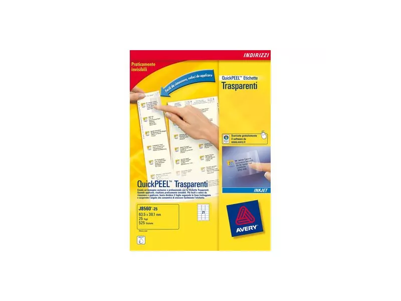 Etichette Adesive QuickPeel Avery - A4 - 63,5x38,1 mm - J8560-25 (Trasparente Conf. 25) Etichette Adesive QuickPeel Avery - A4 - 63,5x38,1 mm - J8560-25 (Trasparente Conf. 25)