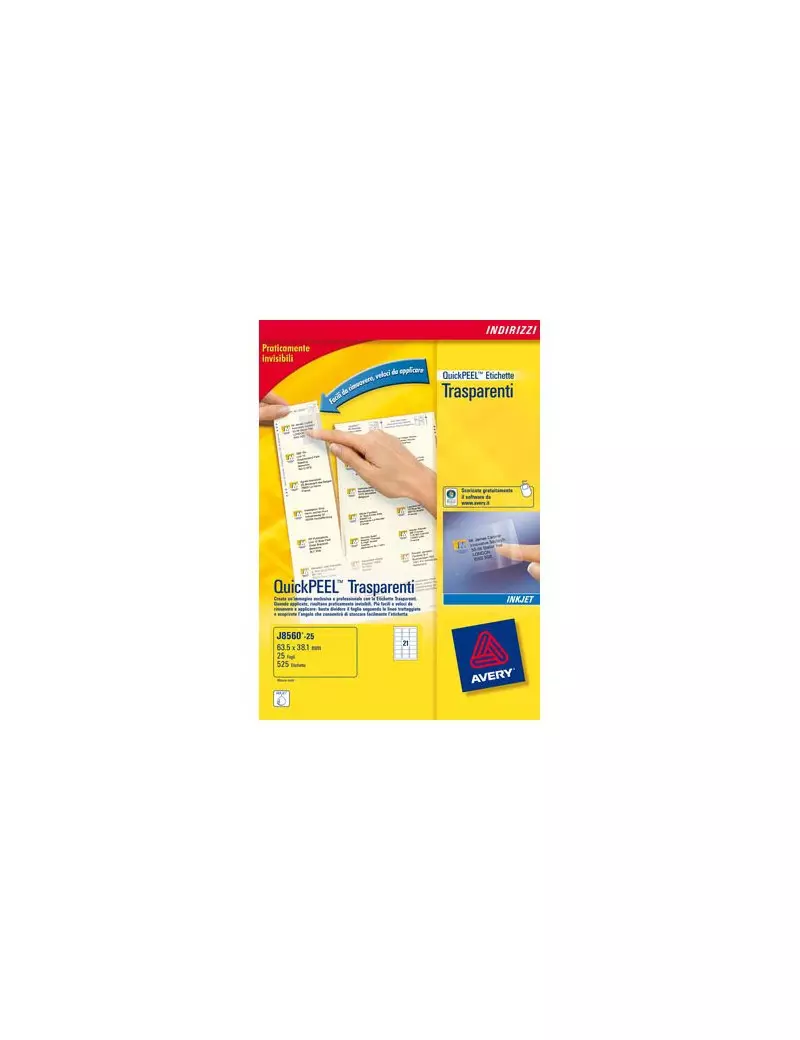 Etichette Adesive QuickPeel Avery - A4 - 63,5x38,1 mm - L7560-25 (Trasparente Conf. 25) Etichette Adesive QuickPeel Avery - A4 - 63,5x38,1 mm - L7560-25 (Trasparente Conf. 25)