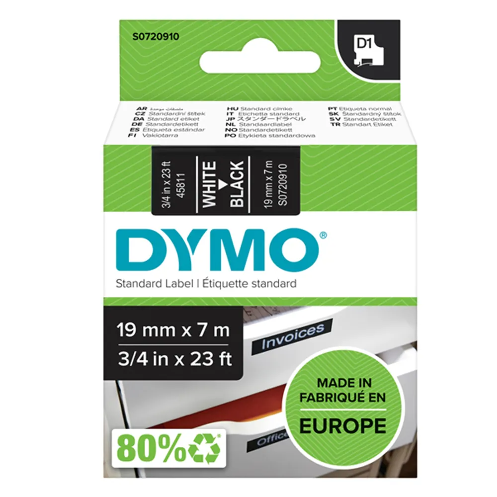 Nastro Originale Dymo S0720910 - 45811 - 19 mm x 7 m (Bianco su Nero)