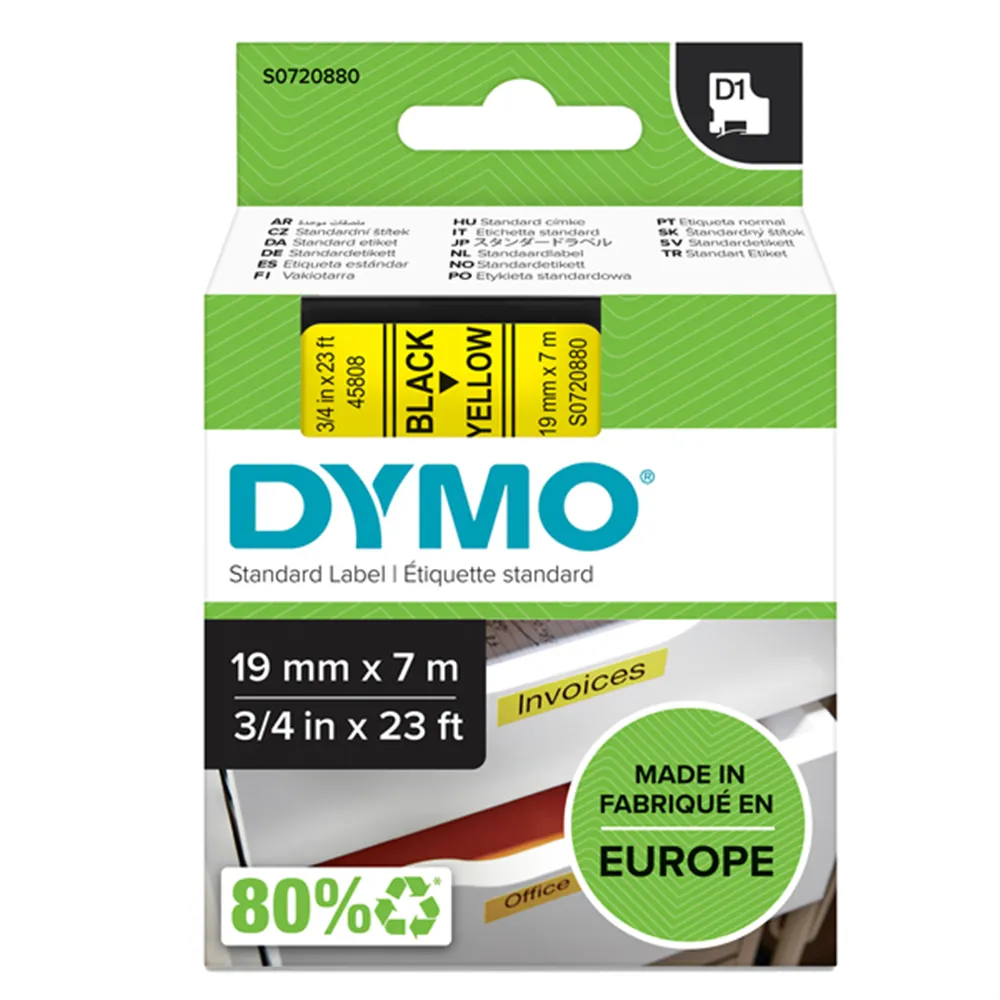 Nastro Originale Dymo S0720880 - 45808 - 19 mm x 7 m (Nero su Giallo)