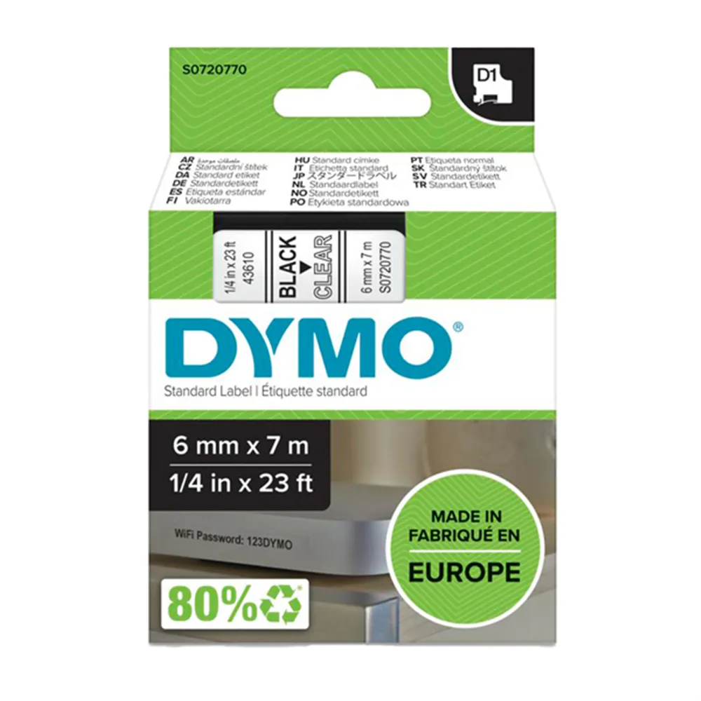 Nastro Originale Dymo S0720770 - 43610 - 6 mm x 7 m (Nero su Trasparente)
