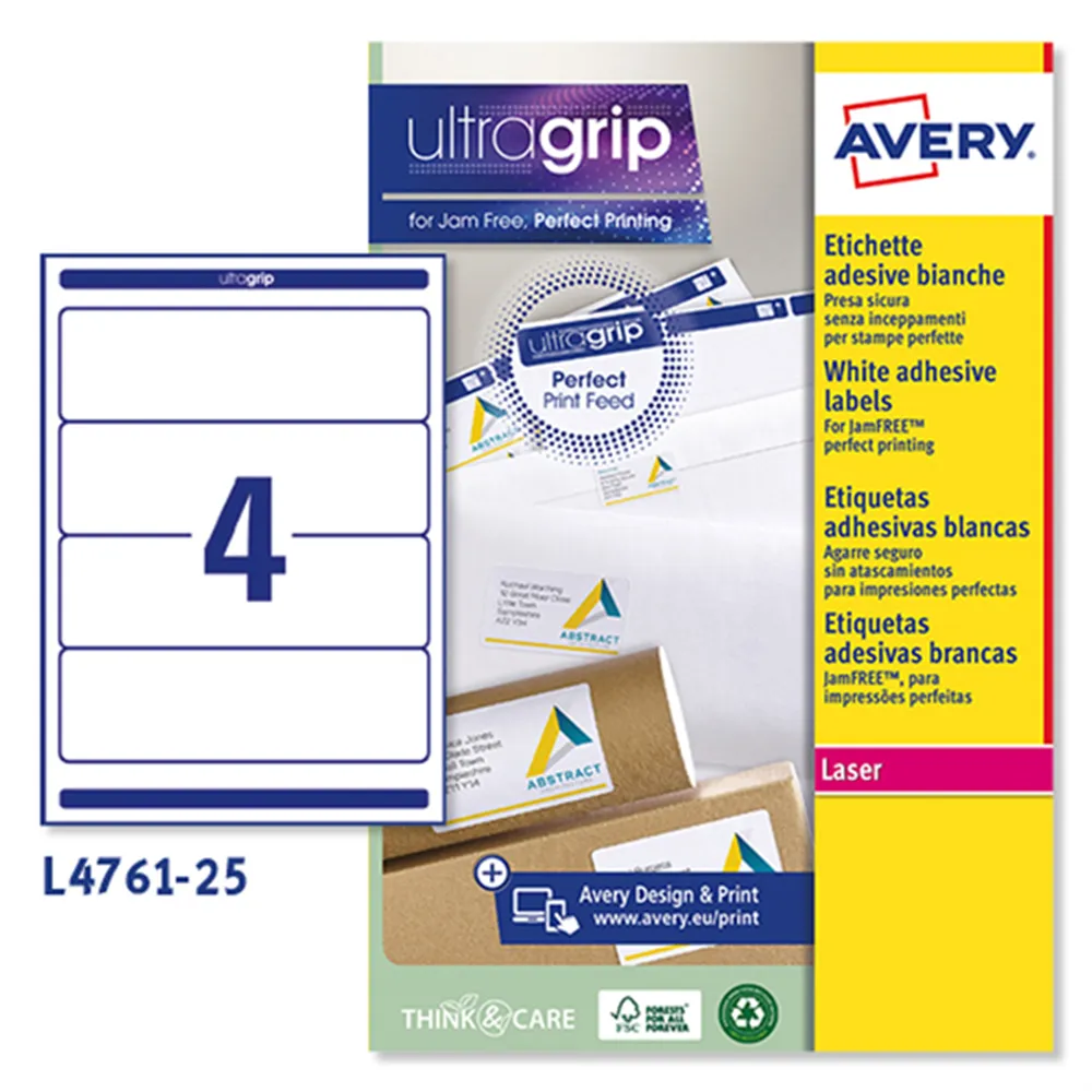 Etichette Adesive per Raccoglitori Avery - Laser - 192x61 mm - L4761-25 (Bianco Conf. 25)