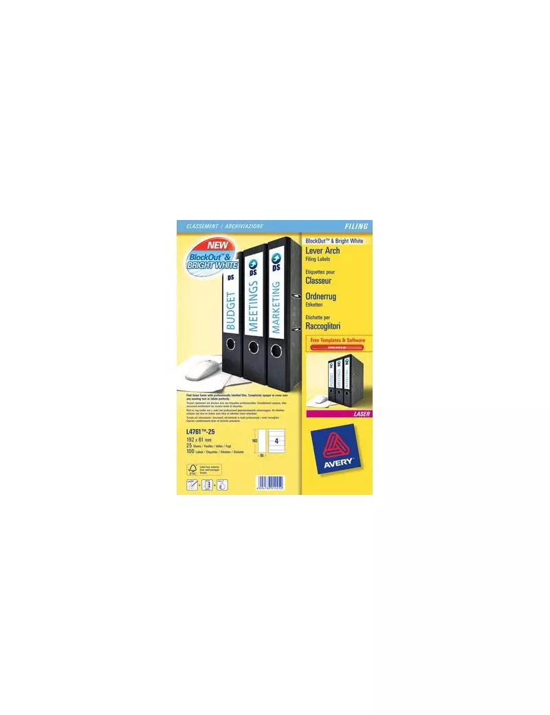 Etichette Adesive per Raccoglitori Avery - Laser - 192x61 mm - L4761-25 (Bianco Conf. 25) Etichette Adesive per Raccoglitori Avery - Laser - 192x61 mm - L4761-25 (Bianco Conf. 25)