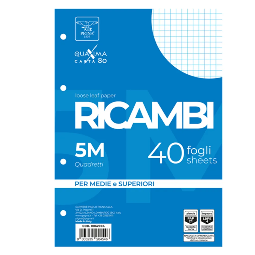 Ricambi per Quaderni Quaxima Pigna - A4 - Quadretti 5 mm senza Margini - 00629035M