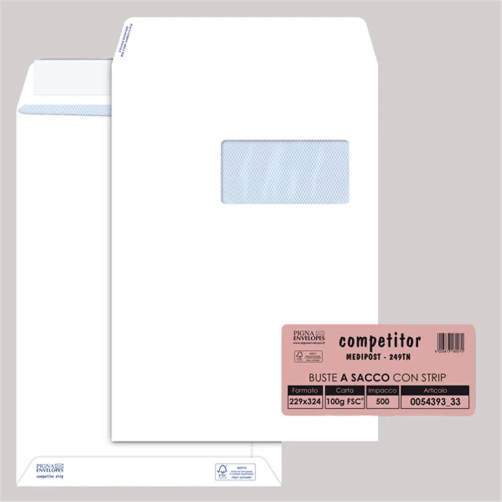 Busta a Sacco Pigna - con Finestra - 23x33 cm - 0054393 (Bianco Conf. 500)