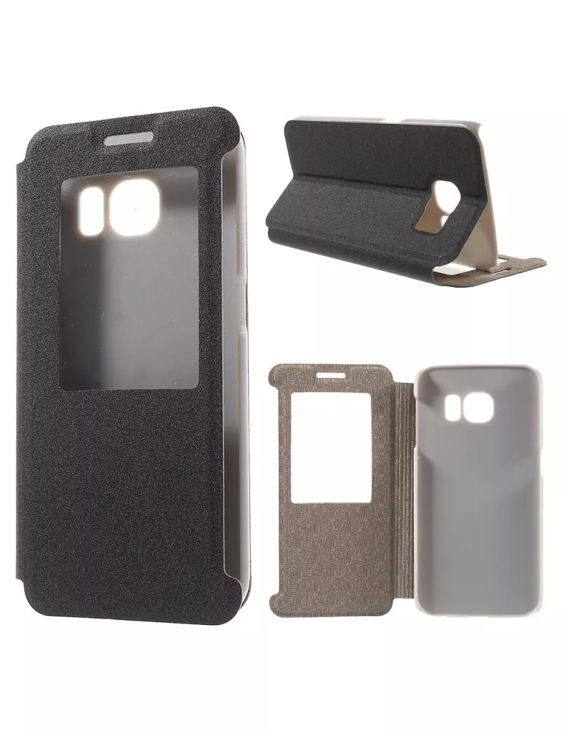 Cover Flip a Portafoglio in Ecopelle Effetto Sabbia per Samsung Galaxy S6 Edge G925 (Nero)