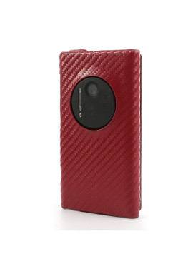 Cover Flip a Portafoglio Verticale Carbon Look per Nokia Lumia 1020 Rosso