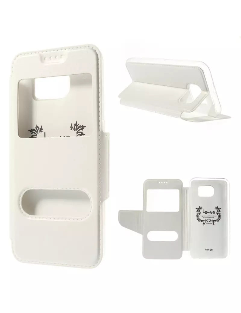 Cover Flip S-View Doppia Finestra in Ecopelle per Samsung Galaxy S6 G920 Bianco