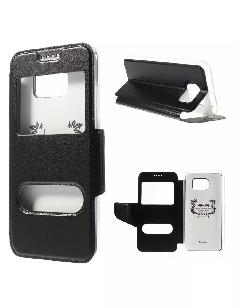 Cover Flip S-View Doppia Finestra in Ecopelle per Samsung Galaxy S6 G920 Nero