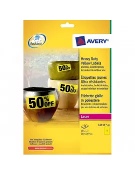 Etichette in Poliestere Avery - Laser - Giallo - 210x297 cm - 1 - L6111 -20 (Conf. 20)