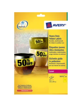 Etichette in Poliestere Avery - Laser - Giallo - 210x297 cm - 1 - L6111 -20 (Conf. 20)