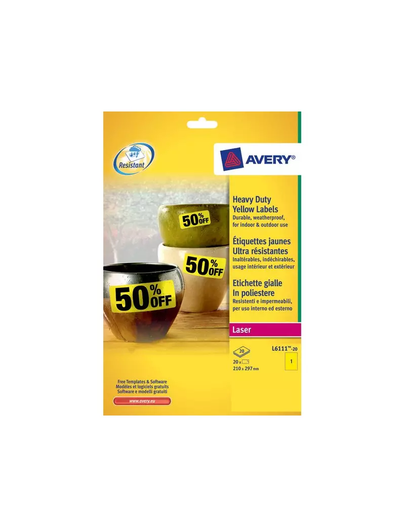 Etichette in Poliestere Avery - Laser - Giallo - 210x297 cm - 1 - L6111 -20 (Conf. 20) Etichette in Poliestere Avery - Laser - Giallo - 210x297 cm - 1 - L6111 -20 (Conf. 20)