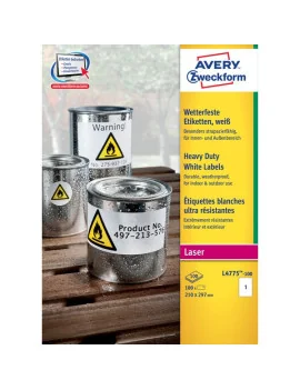 Etichette in Poliestere Avery - Laser - Bianco - 210x297 mm - 1 - vivi - L4775 -100 (Conf. 100)