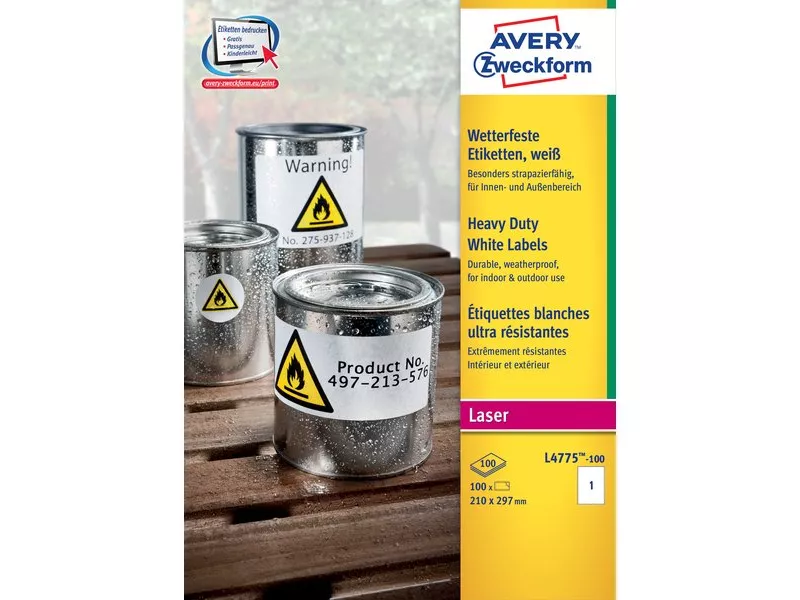 Etichette in Poliestere Avery - Laser - Bianco - 210x297 mm - 1 - vivi - L4775 -100 (Conf. 100)