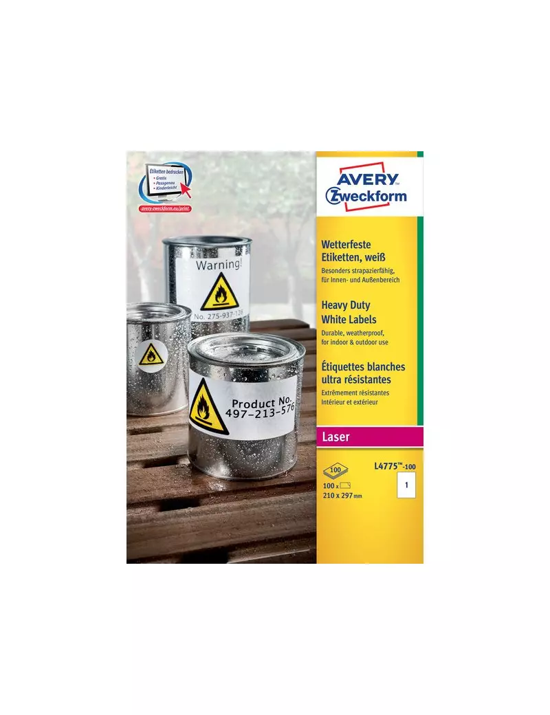 Etichette in Poliestere Avery - Laser - Bianco - 210x297 mm - 1 - vivi - L4775 -100 (Conf. 100) Etichette in Poliestere Avery - Laser - Bianco - 210x297 mm - 1 - vivi - L4775 -100 (Conf. 100)