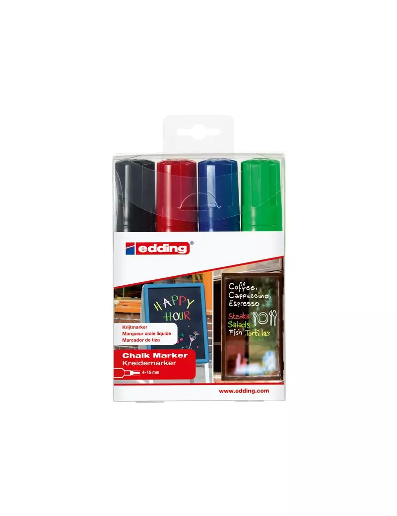 Marcatore a Gesso Liquido e-4090 Edding - Punta a Scalpello - 4-15 mm - Assortiti (Conf. 4) Marcatore a Gesso Liquido e-4090 Edding - Punta a Scalpello - 4-15 mm - Assortiti (Conf. 4)