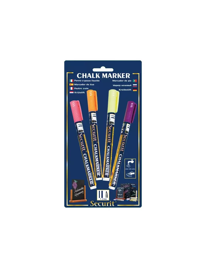 Pennarello a Gesso Liquido Securit - 1-2 mm - Arancione, Giallo, Rosa e Viola (Conf. 4) Pennarello a Gesso Liquido Securit - 1-2 mm - Arancione, Giallo, Rosa e Viola (Conf. 4)