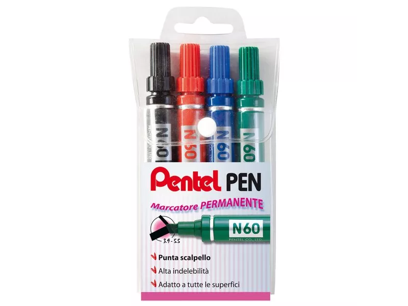 Marcatore Permanente Pentel N60 - Punta Scalpello - 3,9-5,5 mm - Assortiti (Conf. 4)
