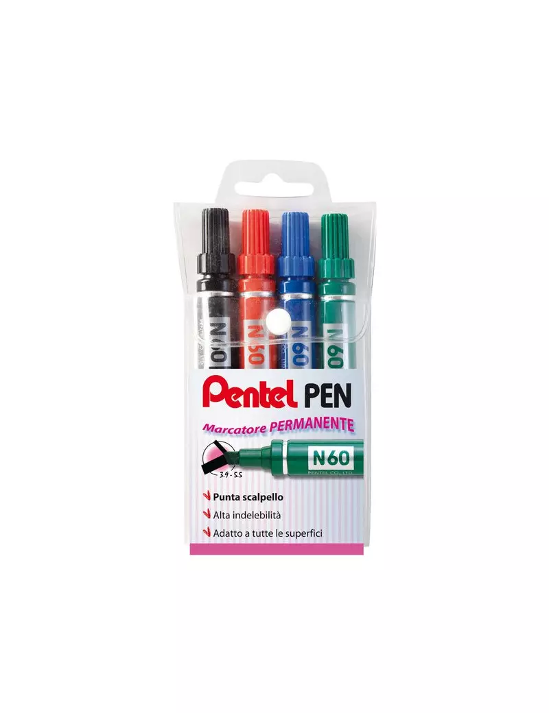 Marcatore Permanente Pentel N60 - Punta Scalpello - 3,9-5,5 mm - Assortiti (Conf. 4) Marcatore Permanente Pentel N60 - Punta Scalpello - 3,9-5,5 mm - Assortiti (Conf. 4)