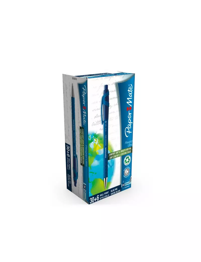 Penna a Sfera a Scatto FlexGrip Ultra Recycled Paper Mate - 1 mm - 1910074 (Blu Conf. 30+6)
