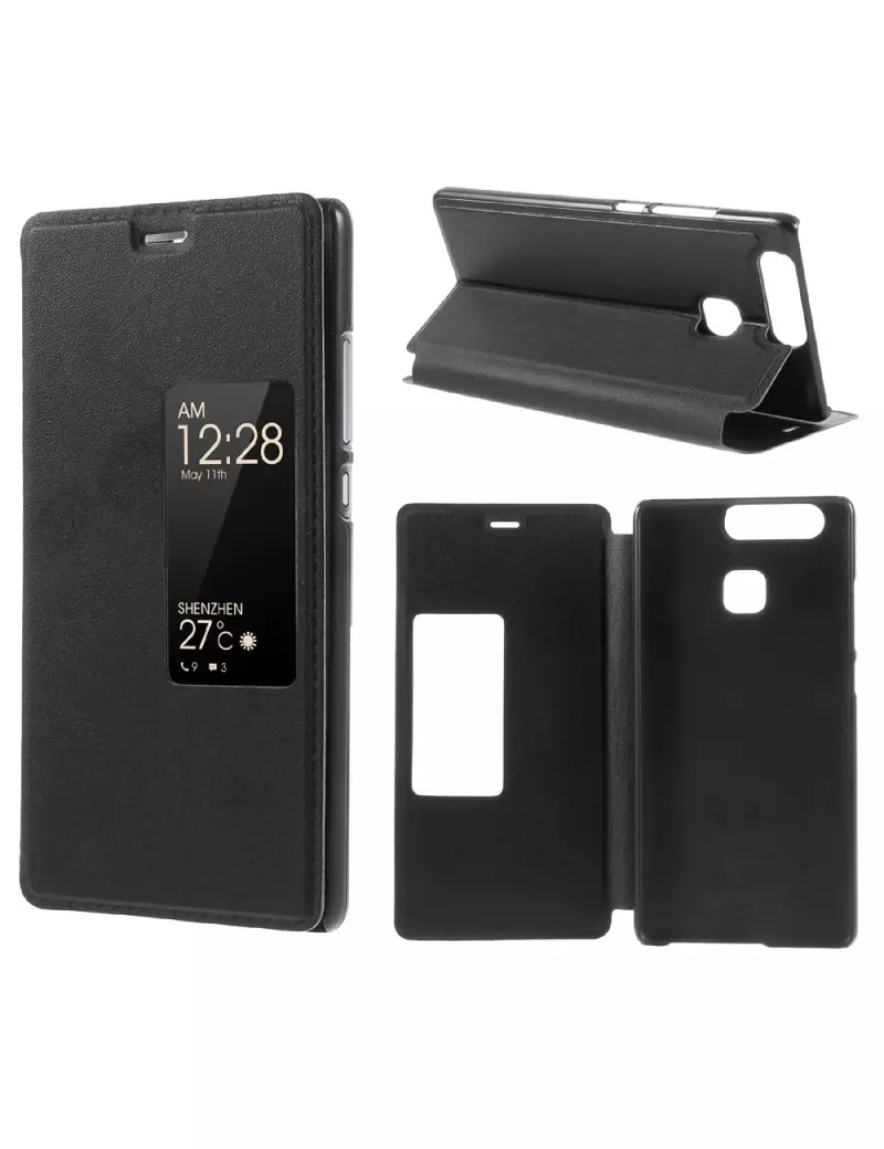 Cover Flip a Portafoglio Orizzontale S-View per Huawei Ascend P9 (Nero)