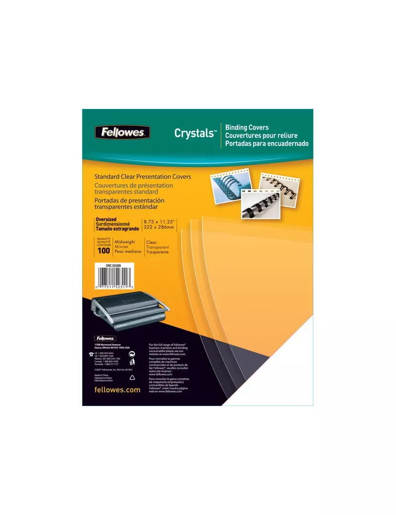 Copertina in PVC per Rilegatura Fellowes - A4 - 250 my - Trasparente (Conf. 100)