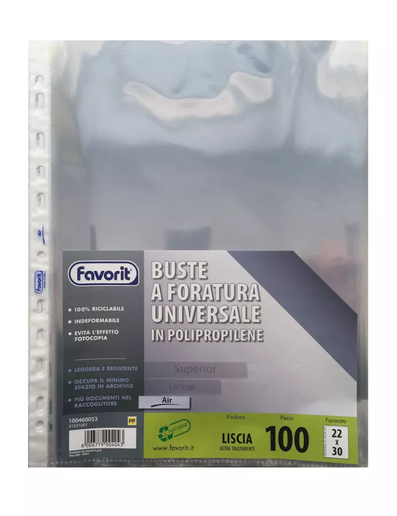 Busta a Perforazione Universale Favorit Air - 22x30 cm - Liscia Basso Spessore - 100460053 (Trasparente Conf. 100) Busta a Perforazione Universale Favorit Air - 22x30 cm - Liscia Basso Spessore - 100460053 (Trasparente Conf. 100)