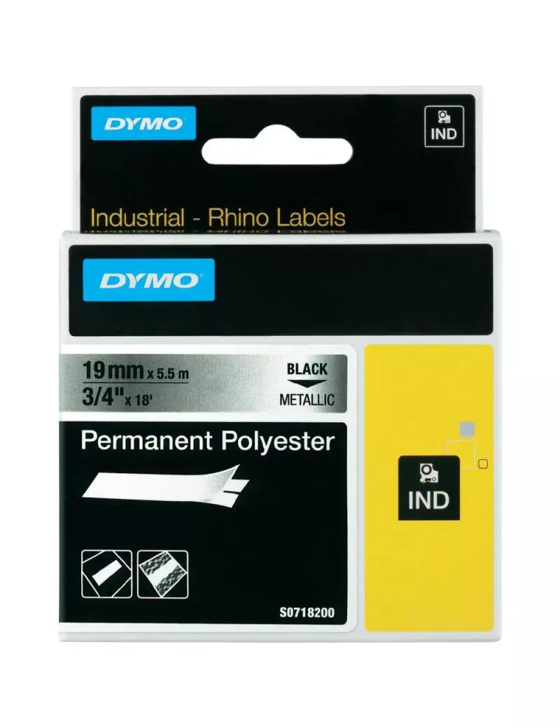 Nastro Originale Dymo S0718200 - 18487 - 19 mm x 5,5 m - Laminato (Nero su Argento)