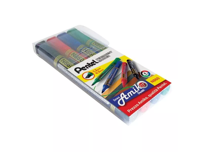 Marcatore Permanente N860 Linea Amiko Pentel - Punta Scalpello - 1,2-4,5 mm (Assortiti Conf. 4)