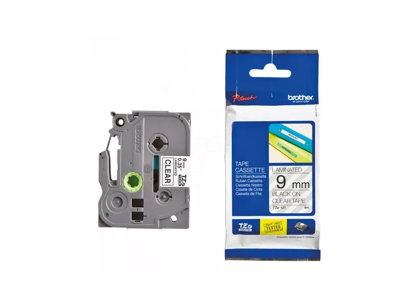 Nastro Originale Brother TZe-121 - 9 mm x 8 m - Laminato (Nero su Trasparente)