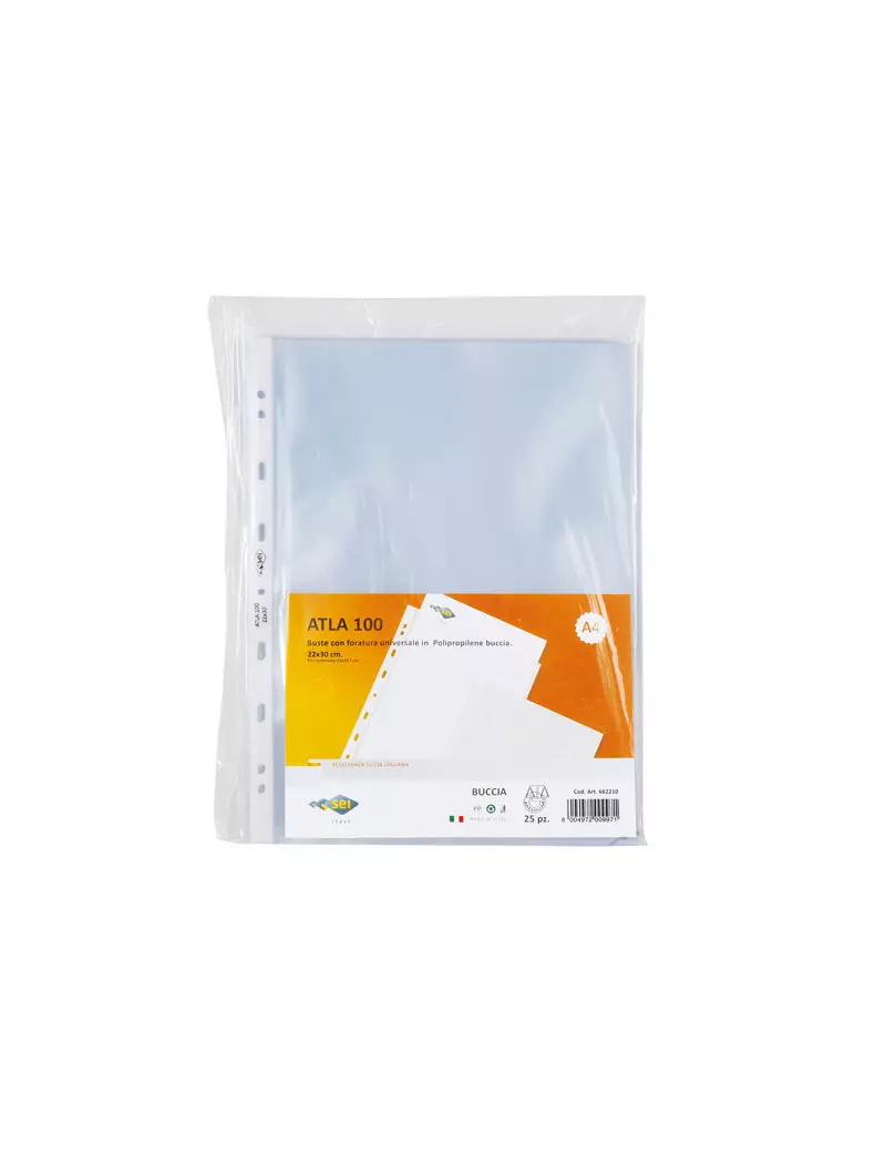 Busta a Perforazione Universale Atla 100 Sei Rota - 21x29,7 cm - Goffrata Medio Spessore - 662110 (Trasparente Conf. 25) Busta a Perforazione Universale Atla 100 Sei Rota - 21x29,7 cm - Goffrata Medio Spessore - 662110 (Trasparente Conf. 25)